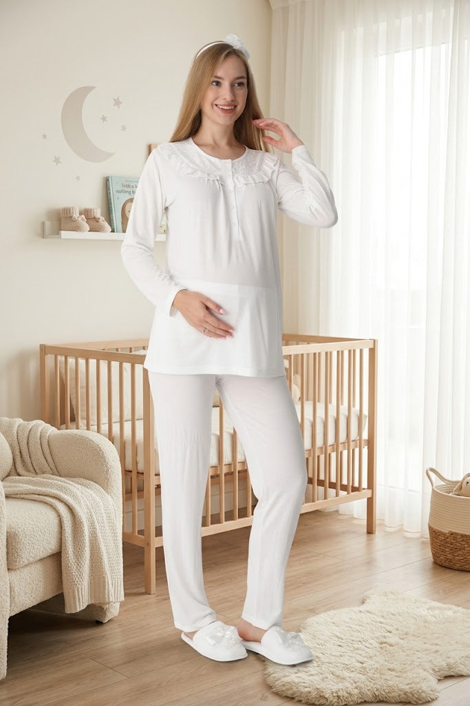 Ekru Uzun Kollu Dantel Detaylı Emzirme Özellikli Sabahlıklı Lohusa Pijama Takımı-3446
