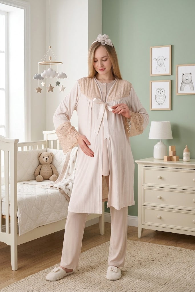 Vizon Kısa Kollu Güpür Detaylı Emzirme Kolaylıklı Sabahlıklı Lohusa Pijama Takımı-3472