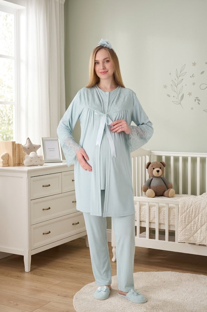 Mint Kısa Kollu Güpür Detaylı Emzirme Kolaylıklı Sabahlıklı Lohusa Pijama Takımı-3472