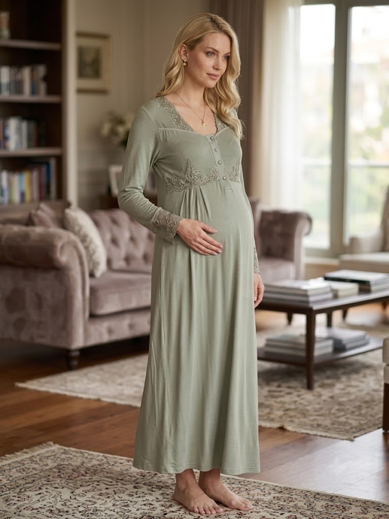 Yeşil Uzun Kollu Dantel Detaylı Emzirme Özellikli Saten Sabahlıklı Lohusa Pijama Takımı-6318