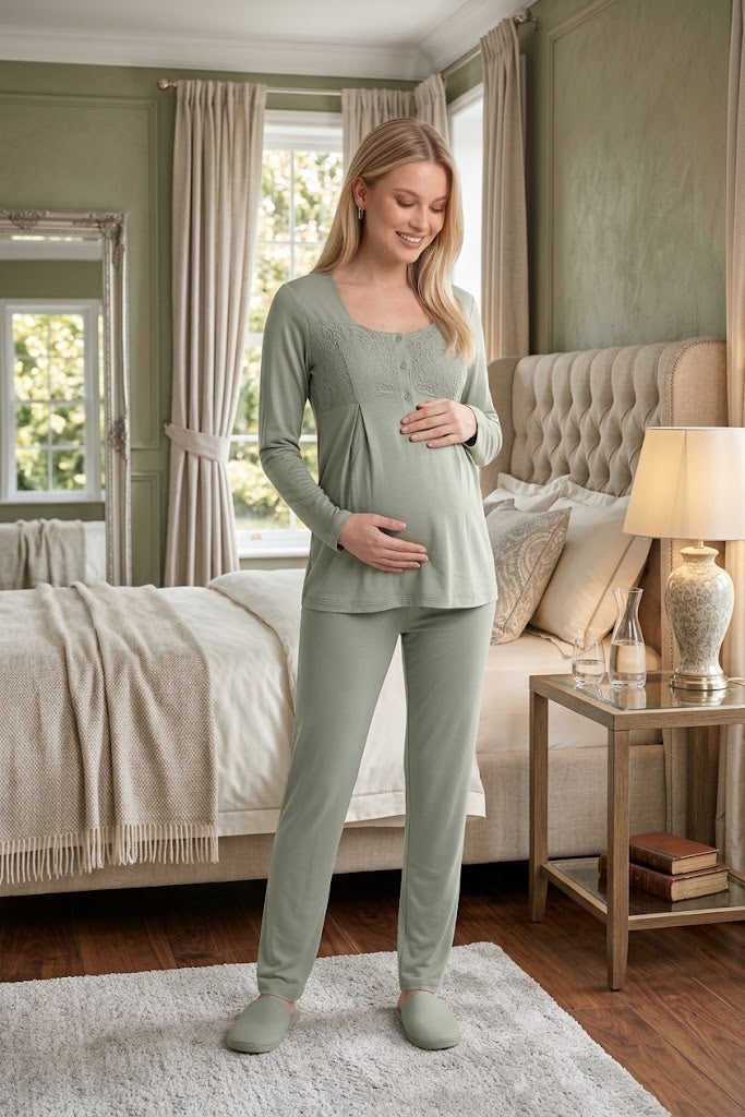 Yeşil Uzun Kollu Emzirme Özellikli Dantel Pelerin Sabahlıklı Lohusa Pijama Takımı-6402