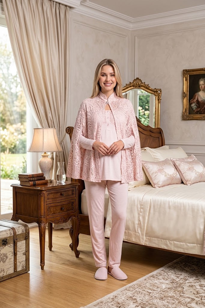 Pudra Uzun Kollu Emzirme Özellikli Dantel Pelerin Sabahlıklı Lohusa Pijama Takımı-6402