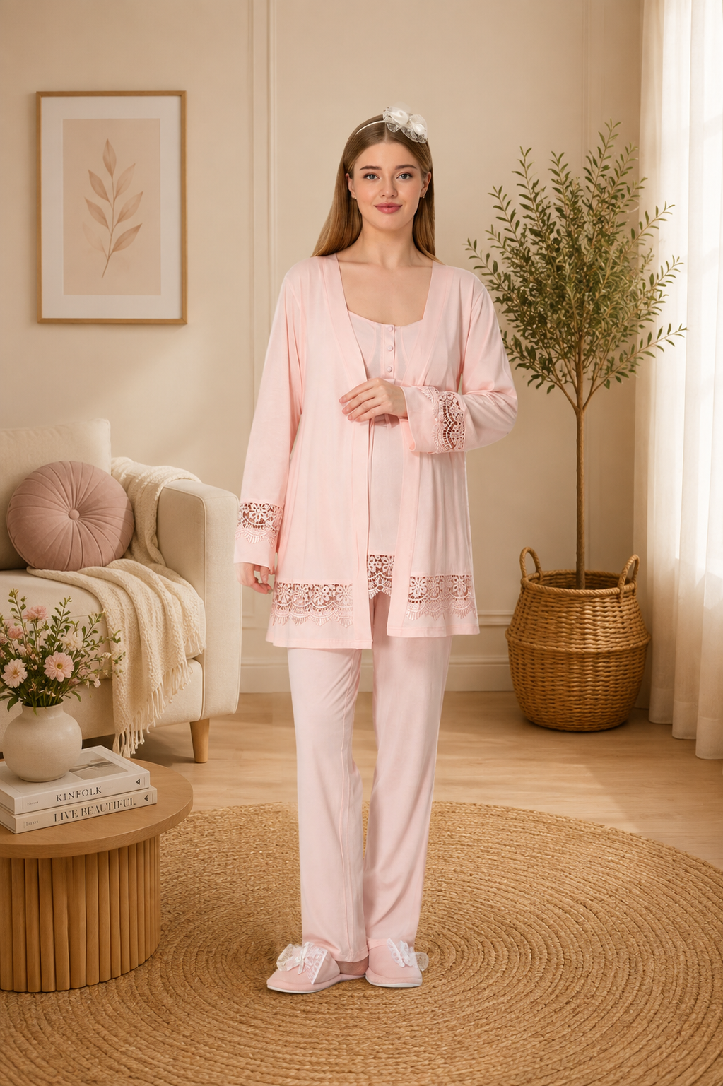 Pudra Emzirme Özellikli Dantel Detaylı Sabahlıklı Lohusa Pijama Takımı-6405