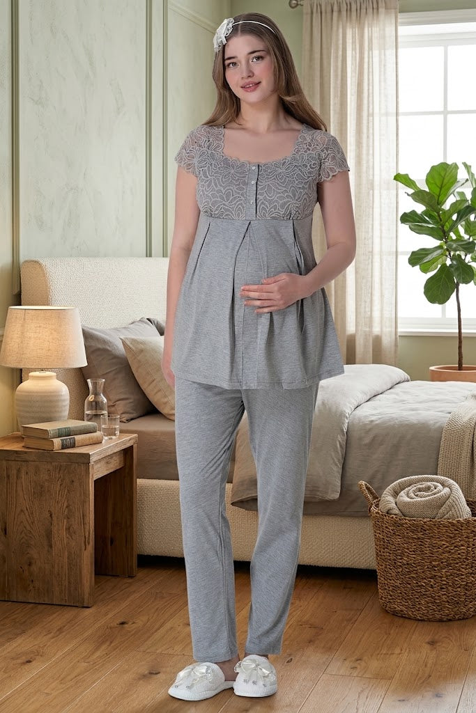 Gri Kısa Kollu Dantel Detaylı Emzirme Özellikli Lohusa Pijama Takımı-6056