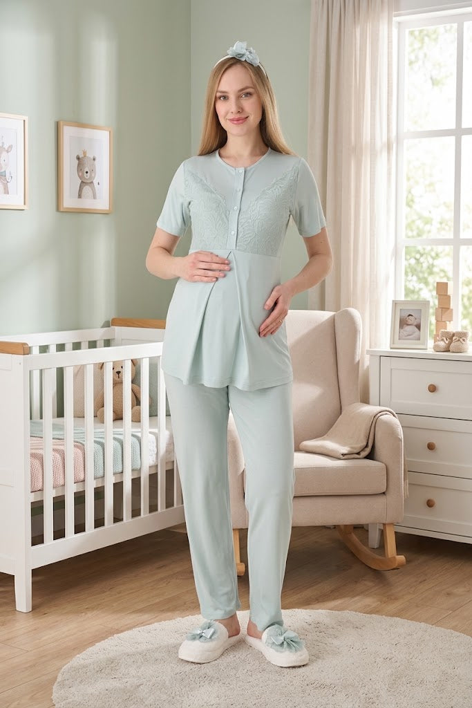 Mint Kısa Kollu Güpür Detaylı Emzirme Kolaylıklı Sabahlıklı Lohusa Pijama Takımı-3472