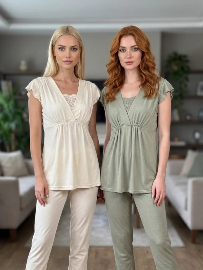 Yeşil Kruvaze Yaka Dokuma Sabahlıklı Lohusa Pijama Takımı-6209