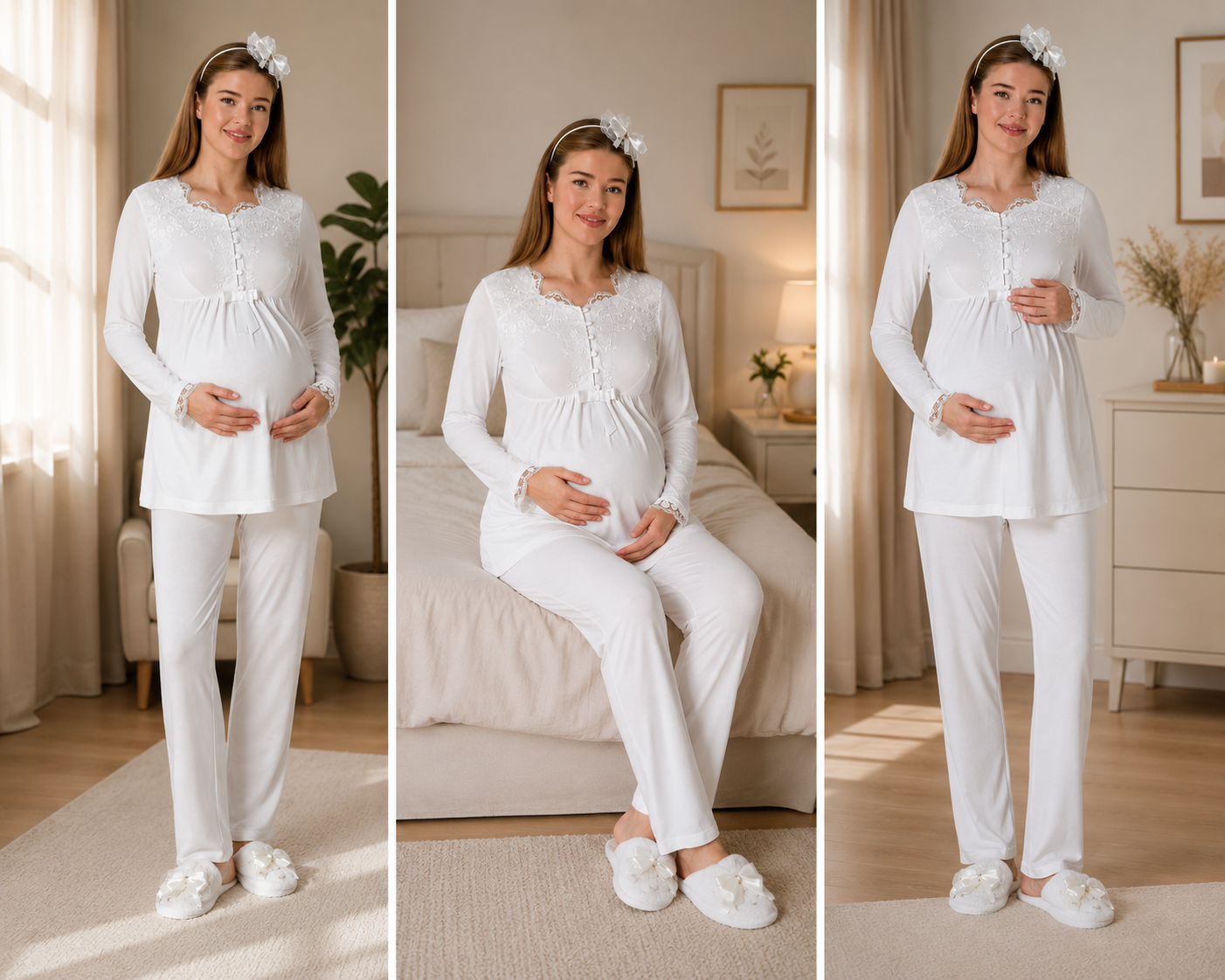 Ekru Uzun Kollu Emzirme Kolaylıklı Şık Dantel Detaylı Lohusa Pijama Takımı-5414