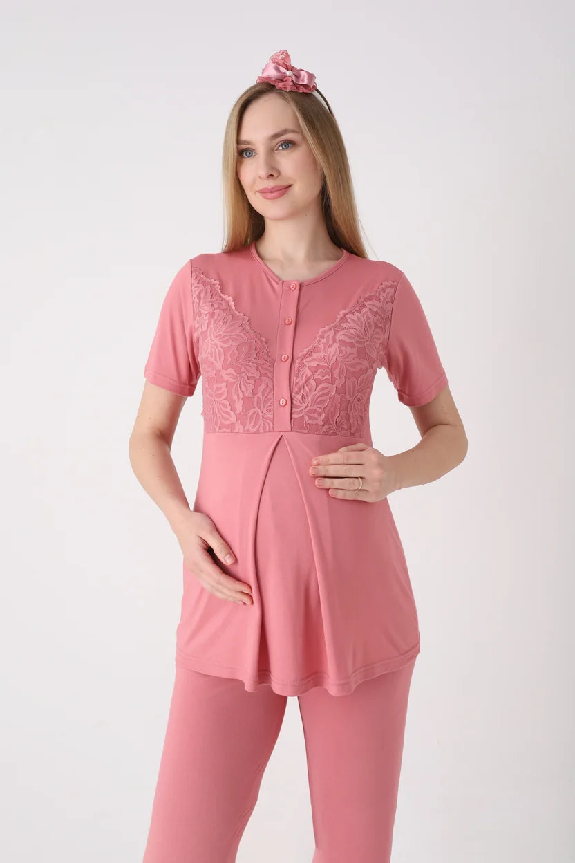 Nar Çiçeği Kısa Kollu Güpür Detaylı Emzirme Kolaylıklı Sabahlıklı Lohusa Pijama Takımı-3472