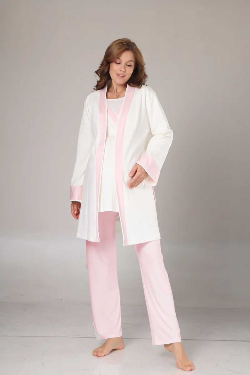 Pembe Şeritli Kruvaze Sabahlıklı Lohusa Pijama Takımı-1032