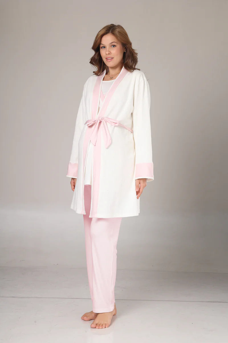 Pembe Şeritli Kruvaze Sabahlıklı Lohusa Pijama Takımı-1032