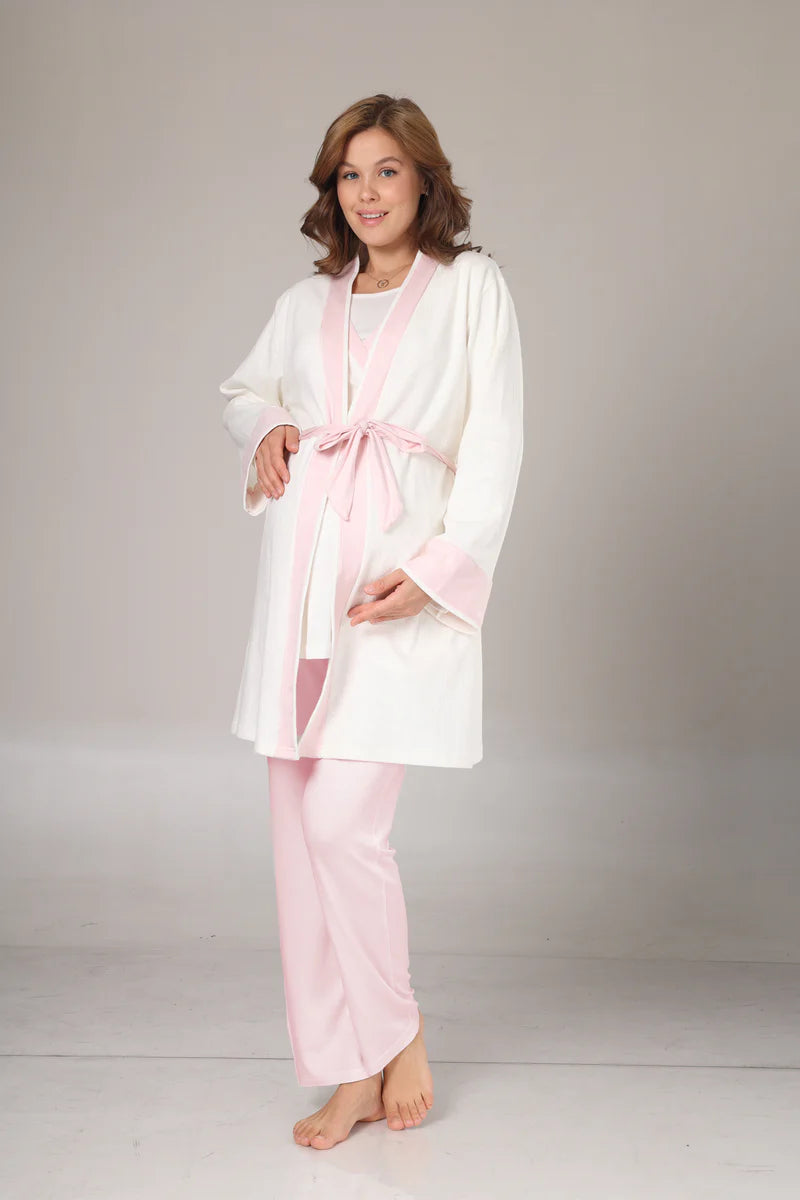 Pembe Şeritli Kruvaze Sabahlıklı Lohusa Pijama Takımı-1032