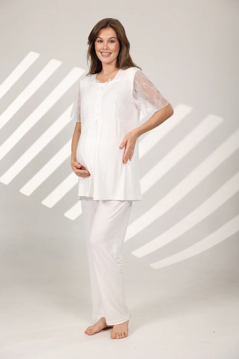 Dantel Detaylı Yakalı Sabahlıklı Lohusa Pijama Takımı-577
