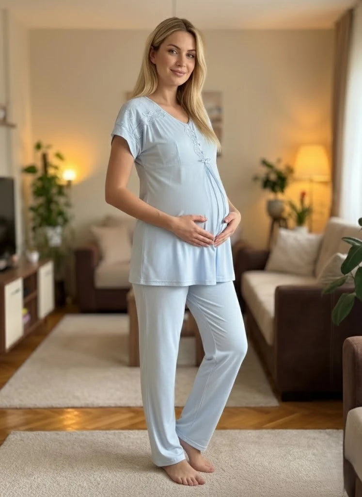 Mavi Kısa Kollu Dantel Detaylı Emzirme Özellikli Lohusa Pijama Takımı-6222