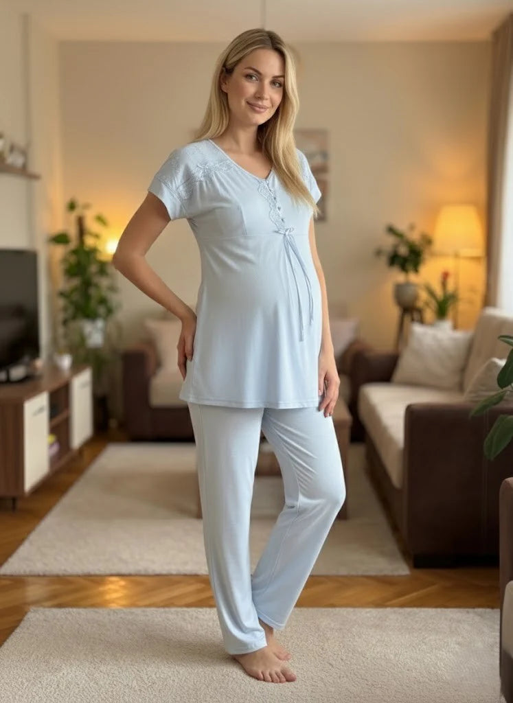 Mavi Kısa Kollu Dantel Detaylı Emzirme Özellikli Lohusa Pijama Takımı-6222