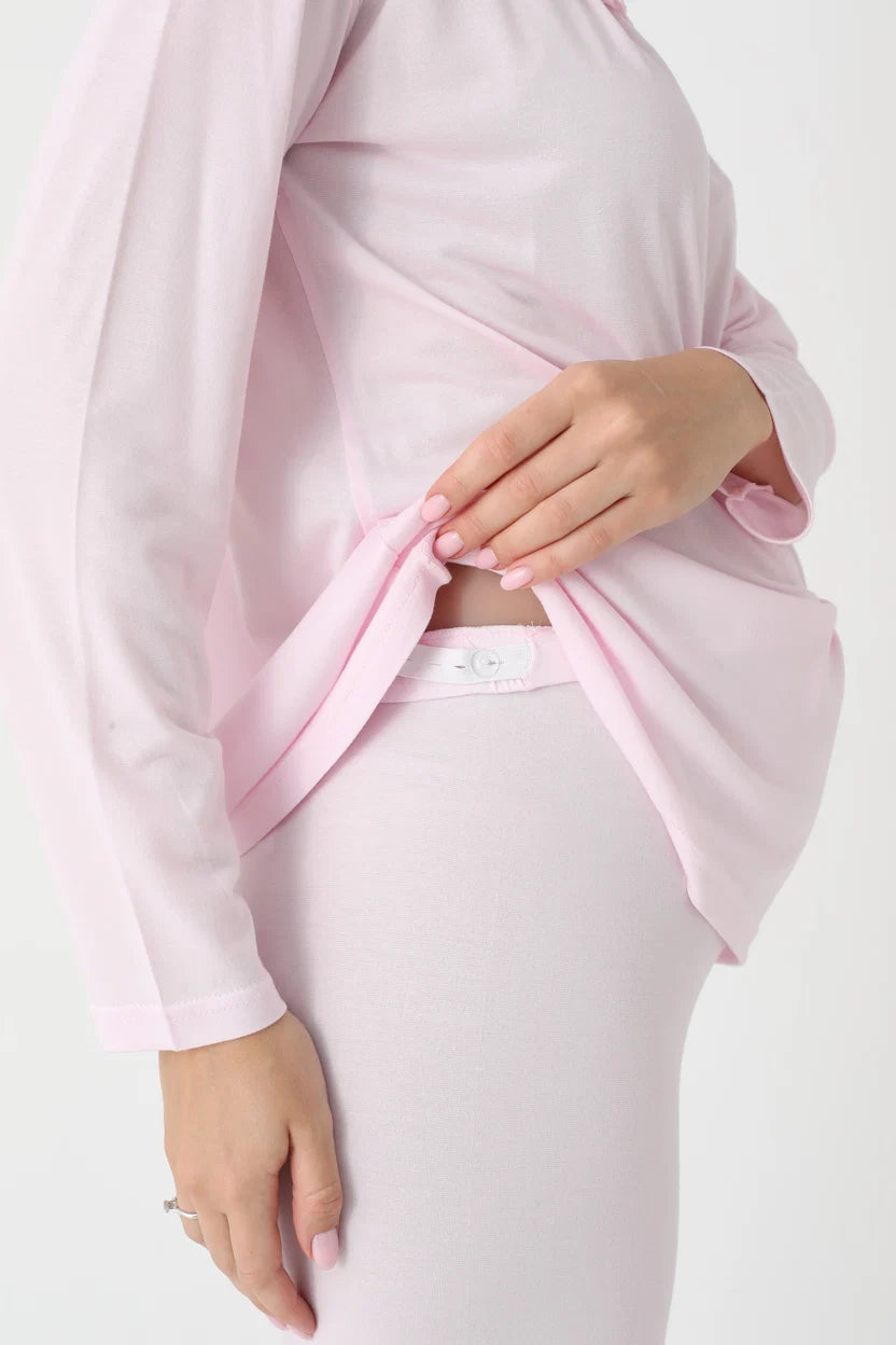 Pembe Uzun Kollu Dantel Detaylı Emzirme Özellikli Sabahlıklı Lohusa Pijama Takımı-3446