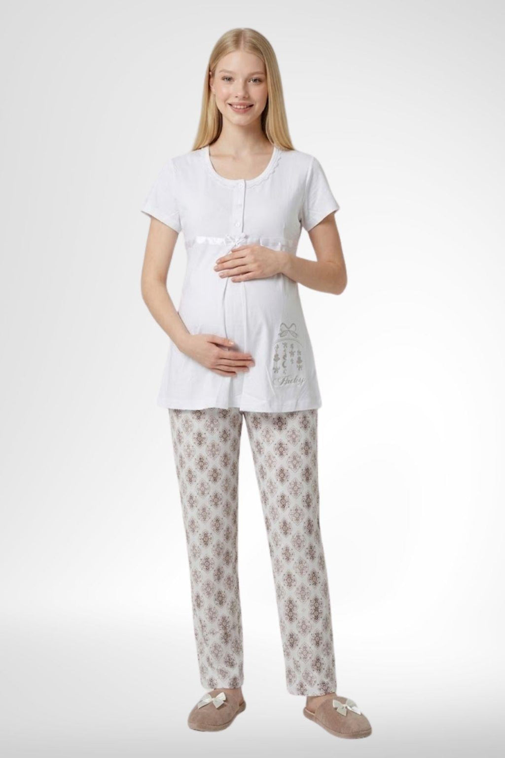 Kısa Kollu Emzirme Kolaylıklı Lohusa Pijama Takımı-6350