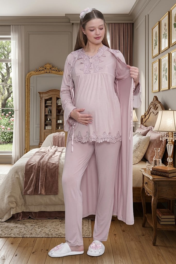 Gül Kurusu Uzun Kollu Güpür Detaylı Emzirme Özellikli Sabahlıklı Lohusa Pijama Takımı-1517