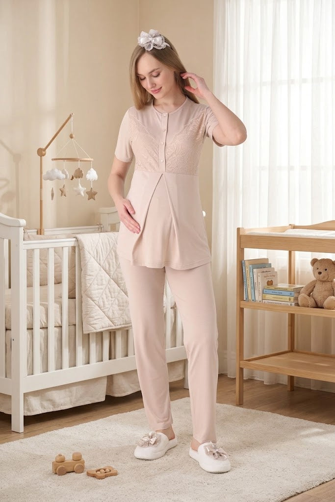 Vizon Kısa Kollu Güpür Detaylı Emzirme Kolaylıklı Sabahlıklı Lohusa Pijama Takımı-3472