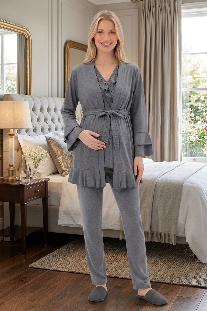 Füme Kısa Kollu Emzirme Özellikli Kruvaze Yaka Sabahlıklı Lohusa Pijama Takımı-6403