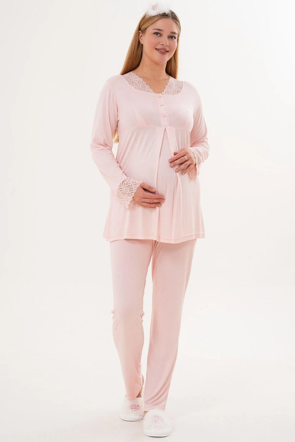 Uzun Kollu Dantel Detaylı Lohusa Pijama Takımı-5808