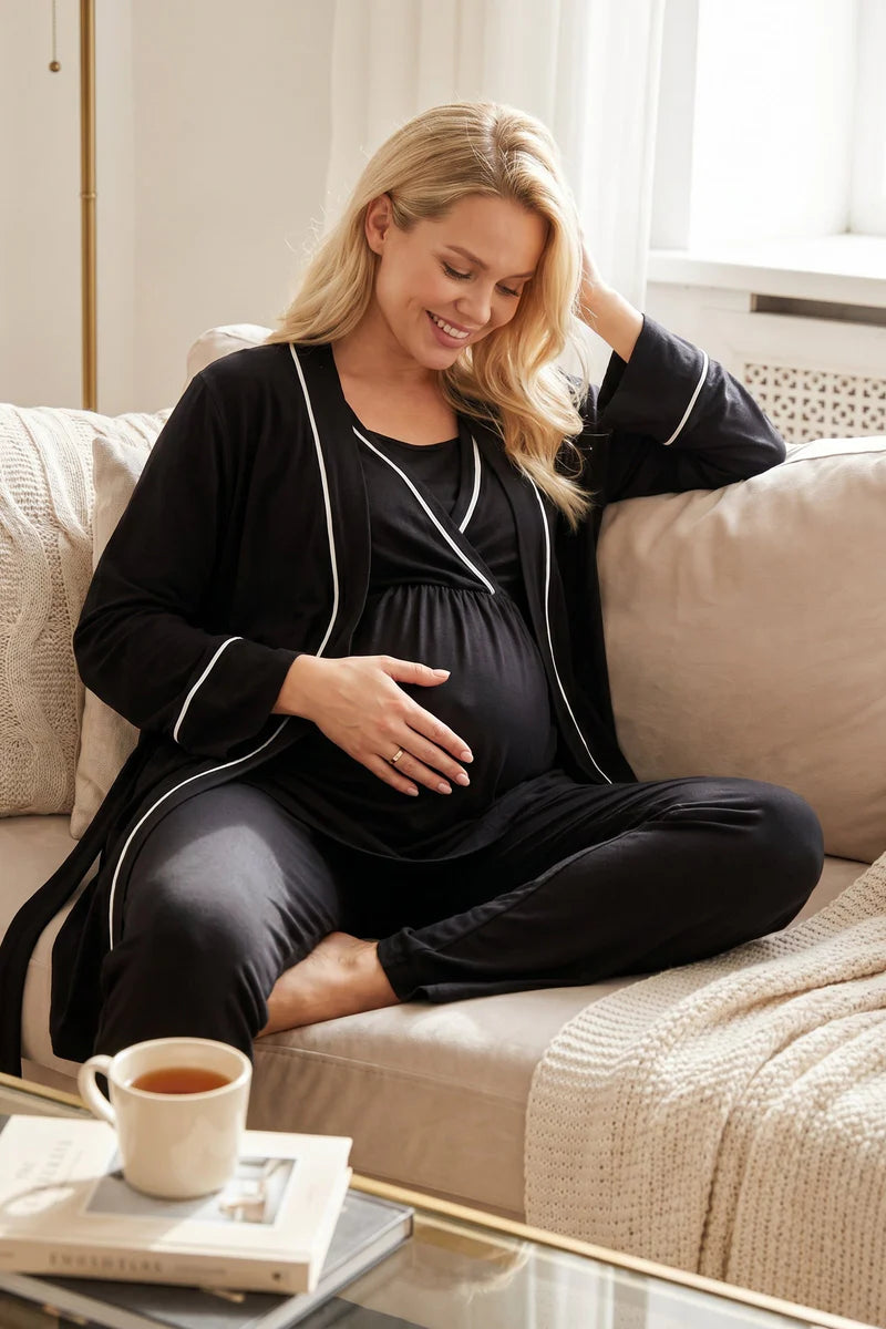 Kısa Kollu Biyeli Kruvaze Lohusa Sabahlıklı Pijama Takım- 808