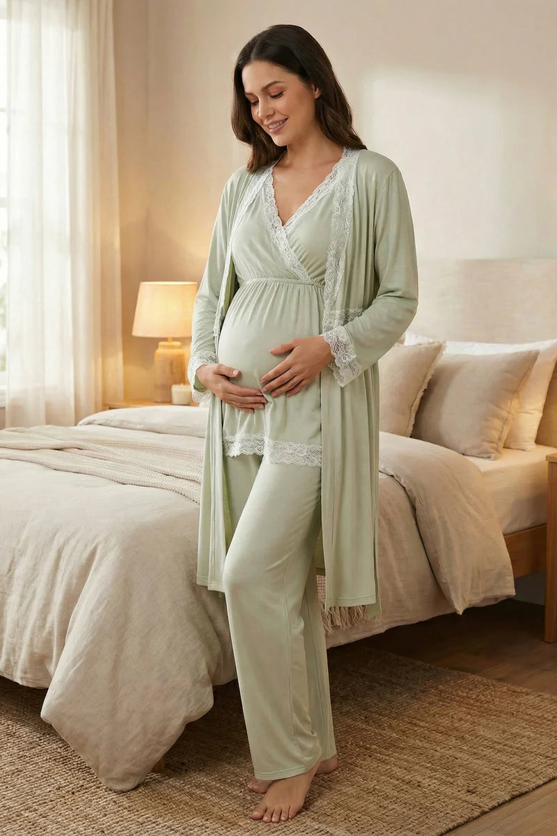 Dantel Biyeli Kruvaze Lohusa Sabahlıklı Pijama Takım- 2032