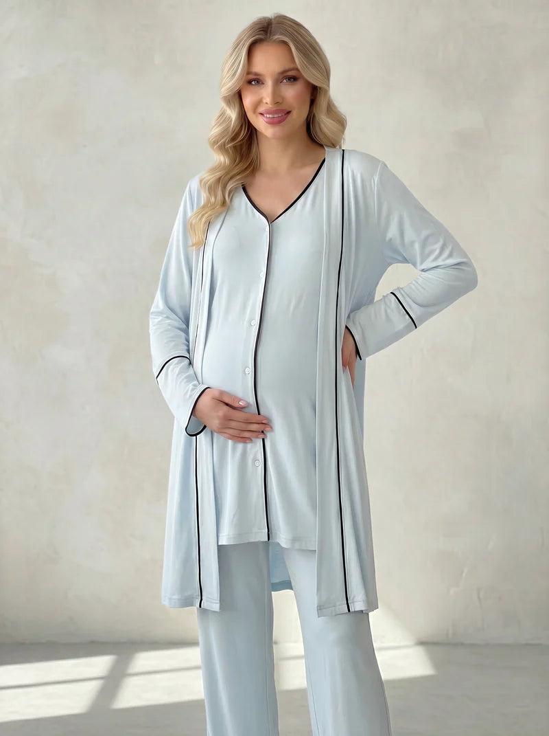 Kısa Kollu Önden Düğmeli Lohusa Sabahlıklı Pijama Takım- 2036