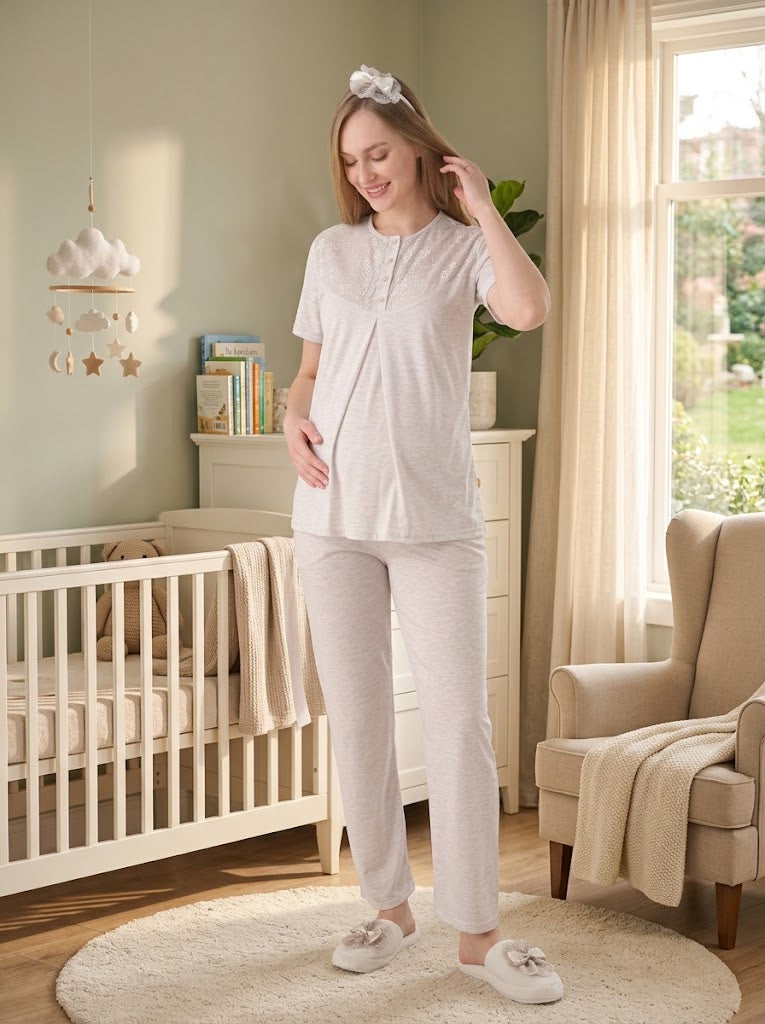 Vizon Kısa Kollu Çiçek Desenli Emzirme Kolaylıklı Sabahlıklı Lohusa Pijama Takımı-3471