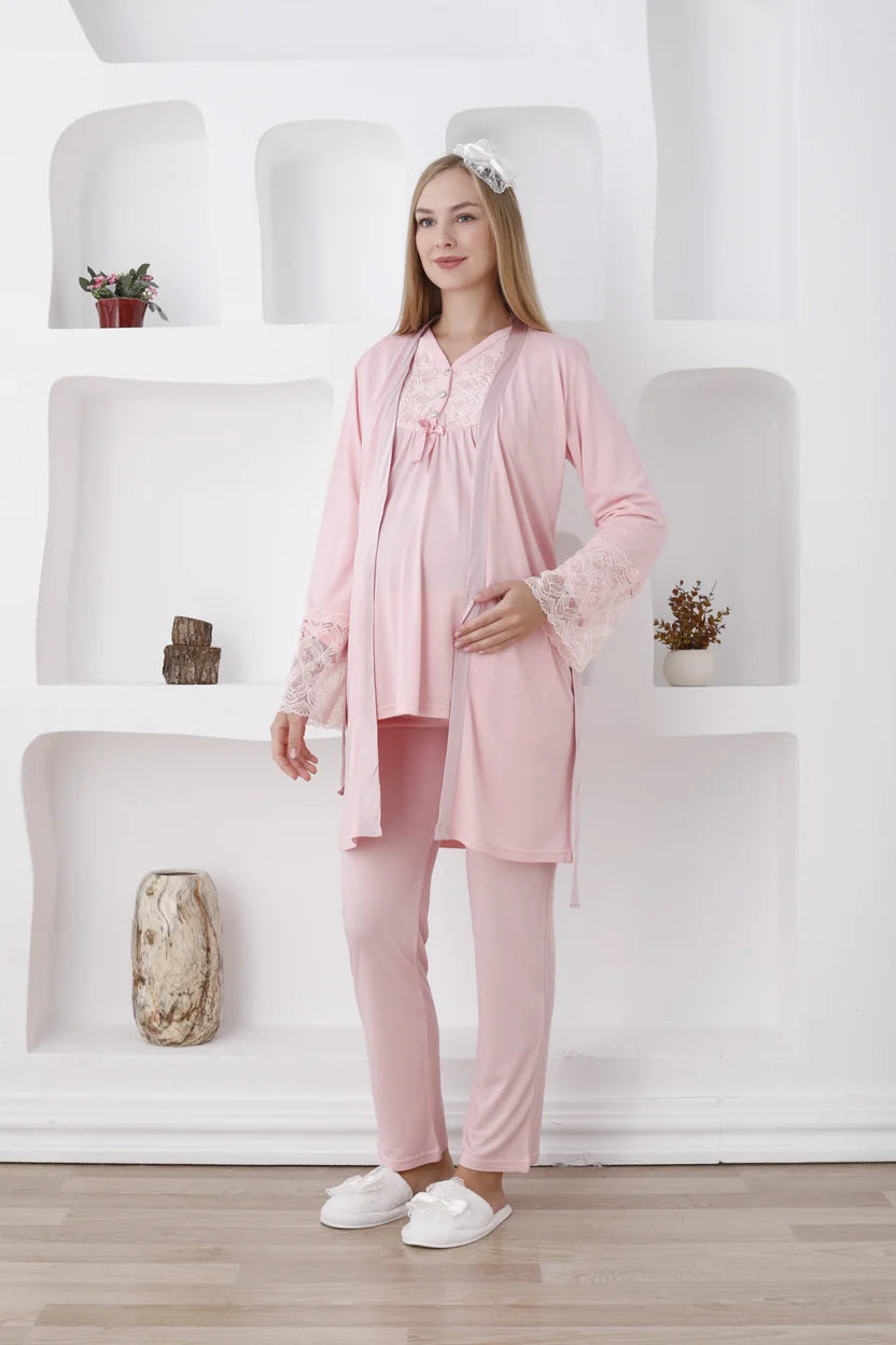 Pembe Uzun Kollu Emzirme Özellikli Dantel Kol Detaylı Sabahlıklı Lohusa Pijama Takımı-3424