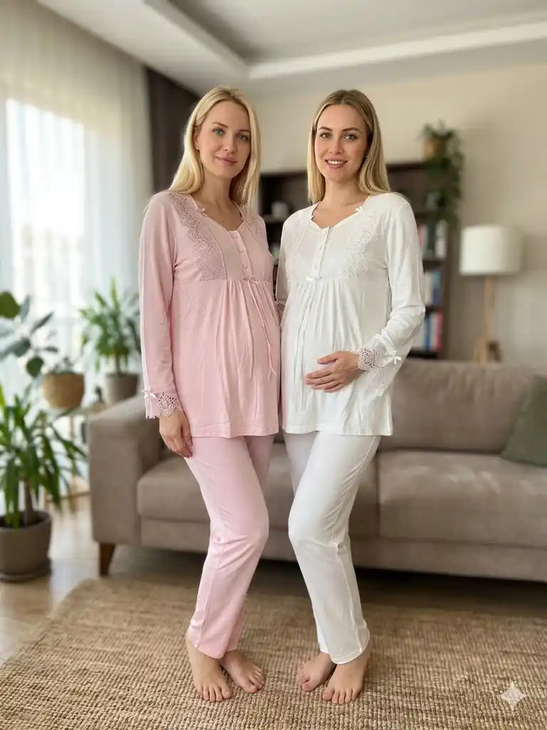 Uzun Kollu Dantel Detaylı Emzirme Özellikli Sabahlıklı Lohusa Pijama Takımı-6109