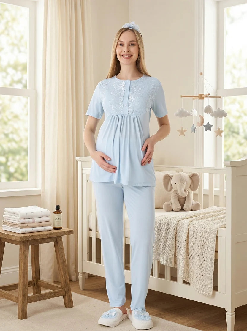 Mavi Dokulu Emzirme Özellikli Sabahlıklı Lohusa Pijama Takımı-3463