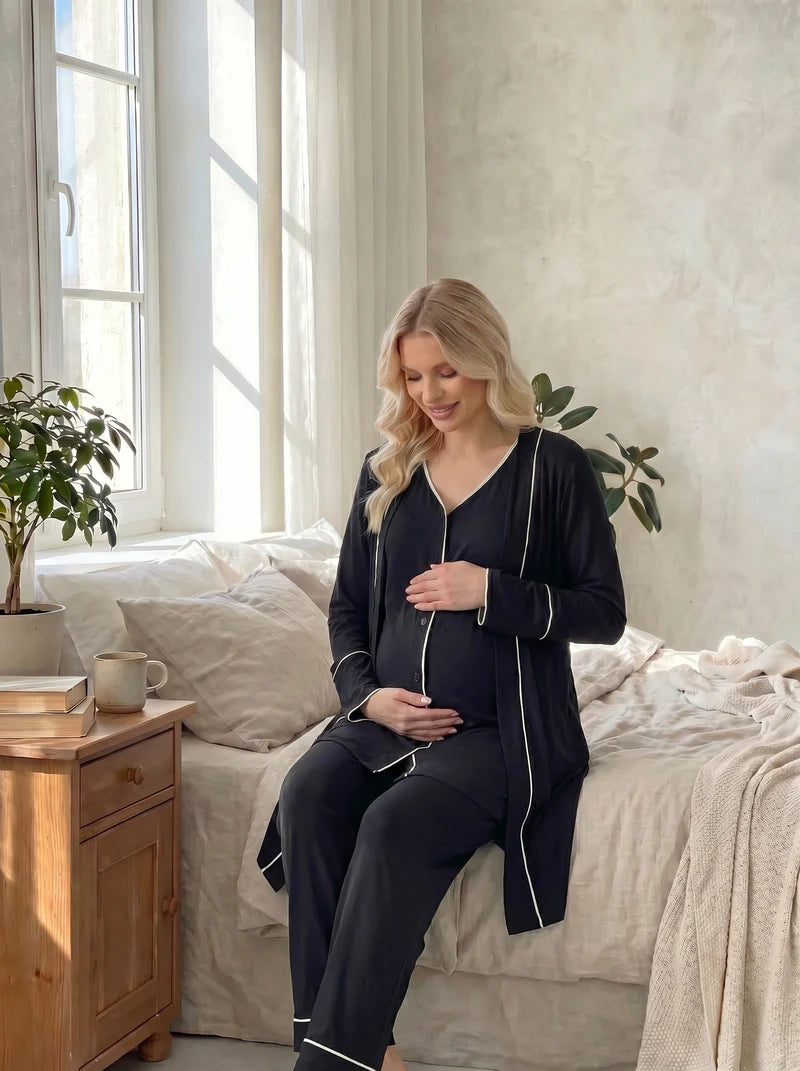 Kısa Kollu Önden Düğmeli Lohusa Sabahlıklı Pijama Takım- 2037