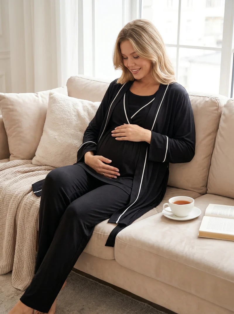Kısa Kollu Biyeli Kruvaze Lohusa Sabahlıklı Pijama Takım- 808