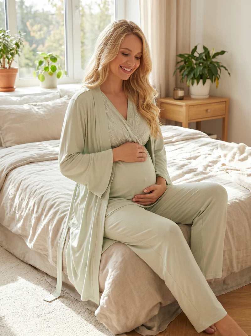 Truvakar Kollu Dantelli Kruvaze Sabahlıklı Lohusa Pijama Takımı-502