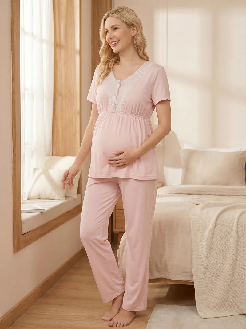 Kısa Kollu Dantel Detaylı Çizgili Sabahlıklı Lohusa Pijama Takımı-2053