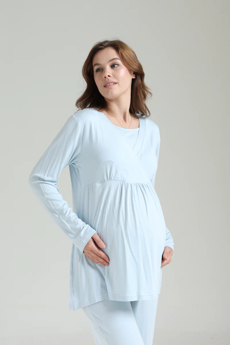 Bebe Yaka Uzun Kollu Sabahlıklı Kruvaze Lohusa Pijama Takımı-1039