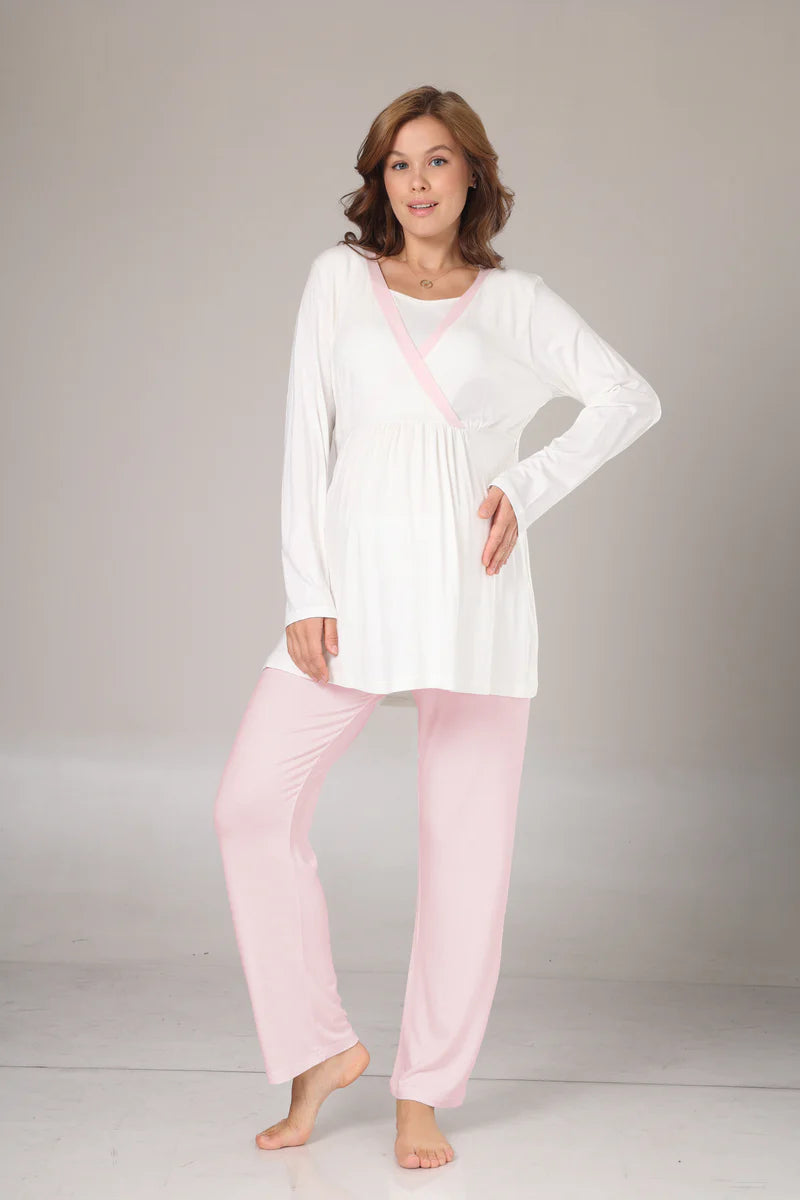 Pembe Şeritli Kruvaze Sabahlıklı Lohusa Pijama Takımı-1032