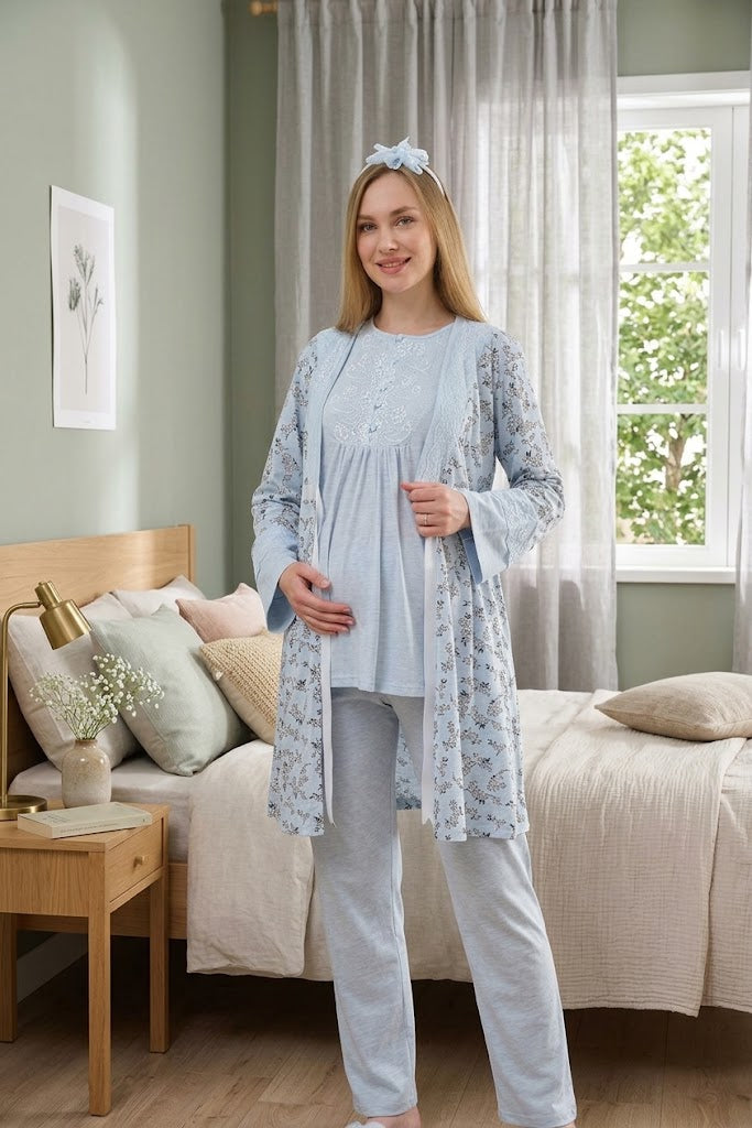 Mavi Kısa Kollu Dantel Detaylı Emzirme Kolaylıklı Sabahlıklı Lohusa Pijama Takımı-3470