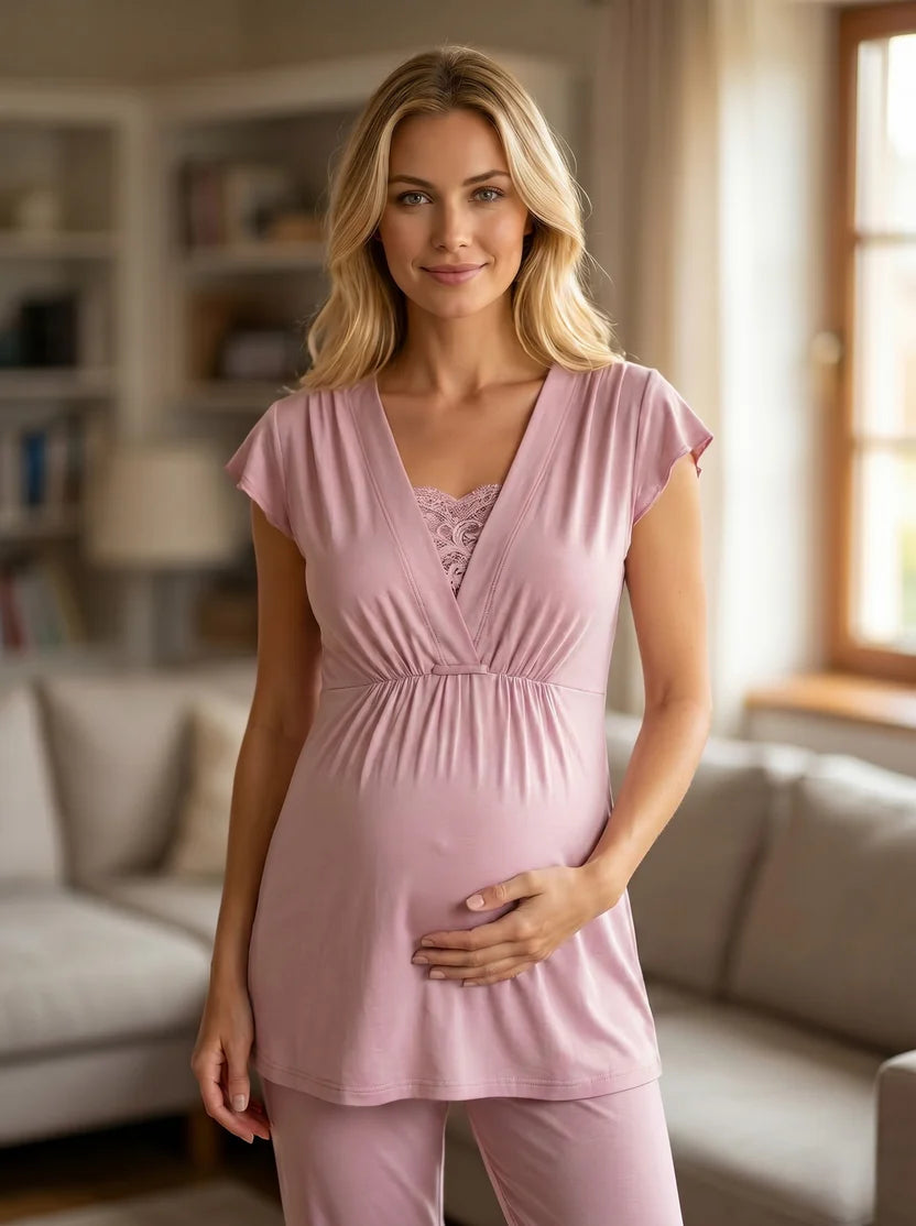 Gül Kurusu Kruvaze Yaka Dokuma Sabahlıklı Lohusa Pijama Takımı-6209