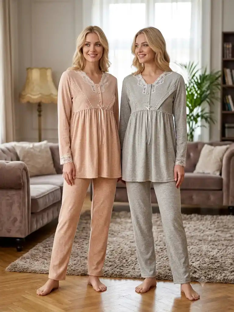 Pudra-Yeşil Uzun Kollu Emzirme Özellikli Dantel Geçişli Sabahlıklı Lohusa Pijama Takımı-6111