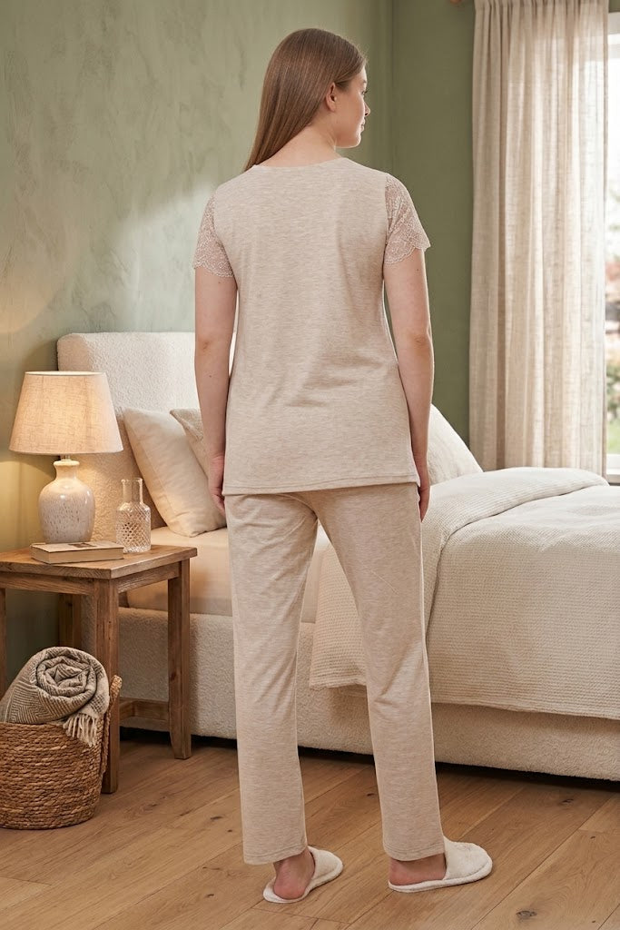 Vizon Kısa Kollu Dantel Detaylı Emzirme Özellikli Lohusa Pijama Takımı-6056