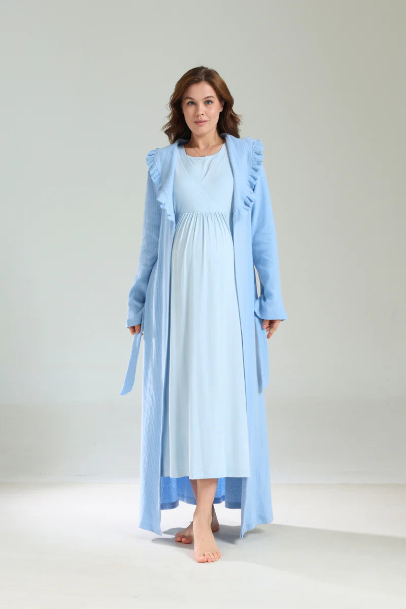 Bebe Yaka Soft Sabahlıklı Lohusa Gecelik Takımı-1038