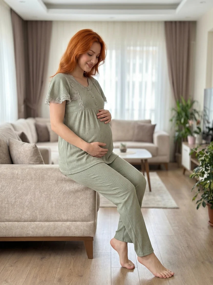 Yeşil Kısa Kollu Şık Dantel Detaylı Emzirme Özellikli Lohusa Pijama Takımı-6230