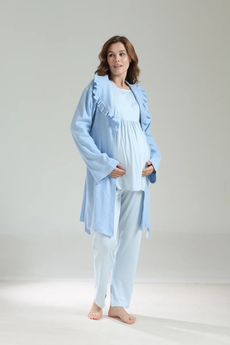 Bebe Yaka Uzun Kollu Sabahlıklı Kruvaze Lohusa Pijama Takımı-1039