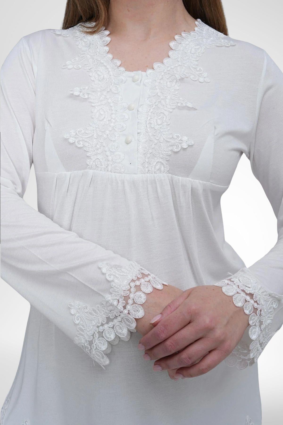 Ekru Uzun Kollu Güpür Detaylı Emzirme Özellikli Sabahlıklı Lohusa Pijama Takımı-1517
