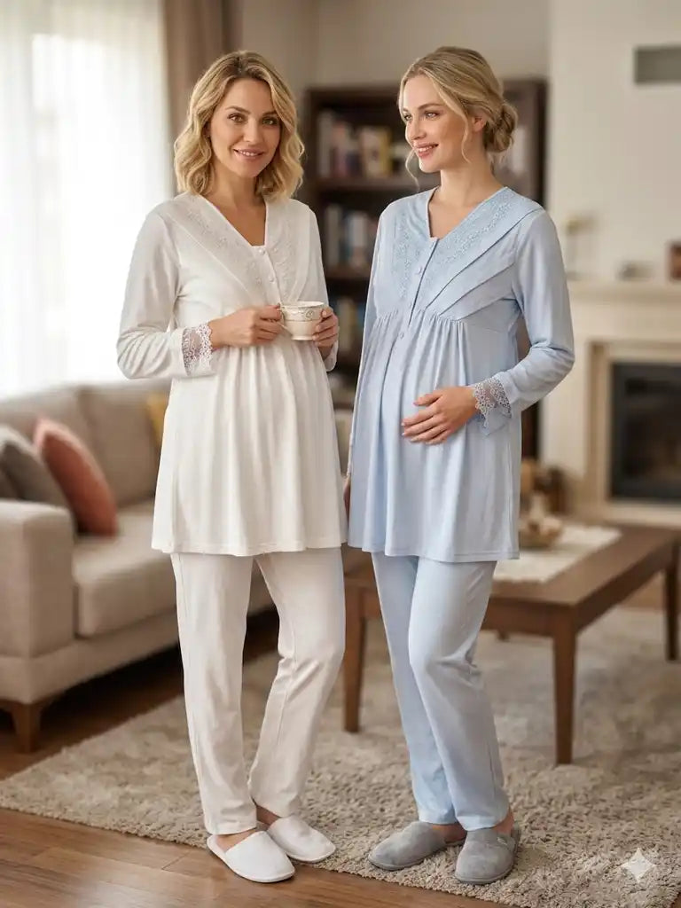 Ekru-Mavi Uzun Kollu Emzirme Özellikli Şık Dantel Detaylı Sabahlıklı Lohusa Pijama Takımı-6305