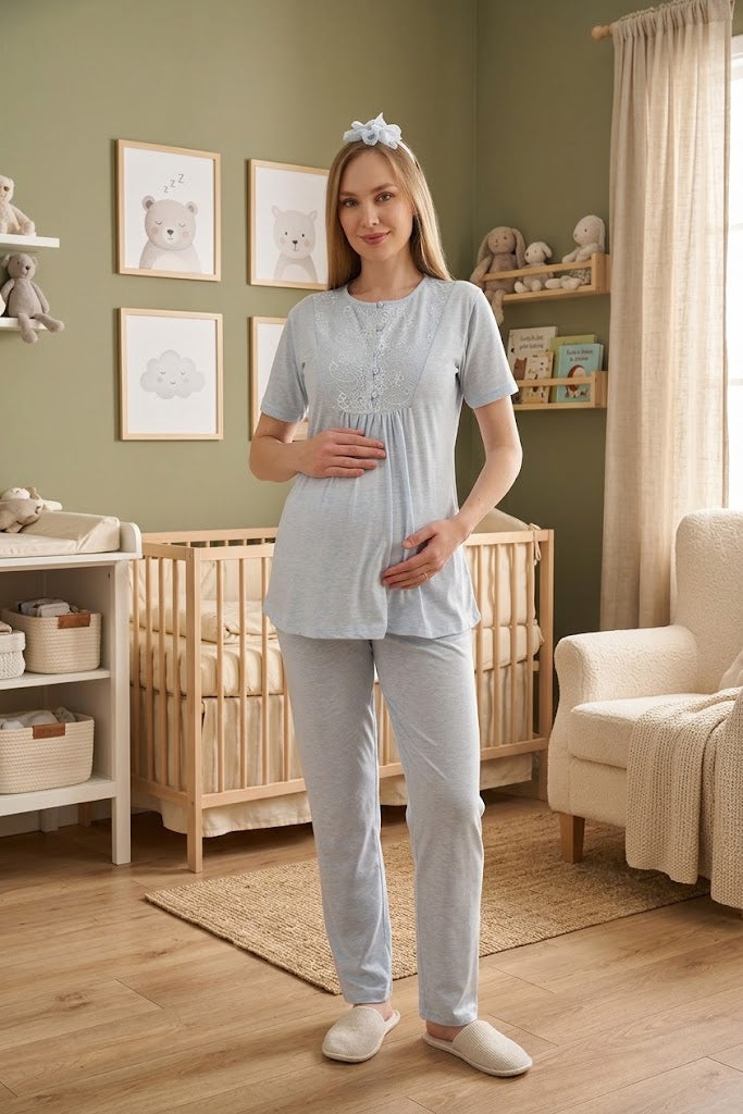 Mavi Kısa Kollu Dantel Detaylı Emzirme Kolaylıklı Sabahlıklı Lohusa Pijama Takımı-3470
