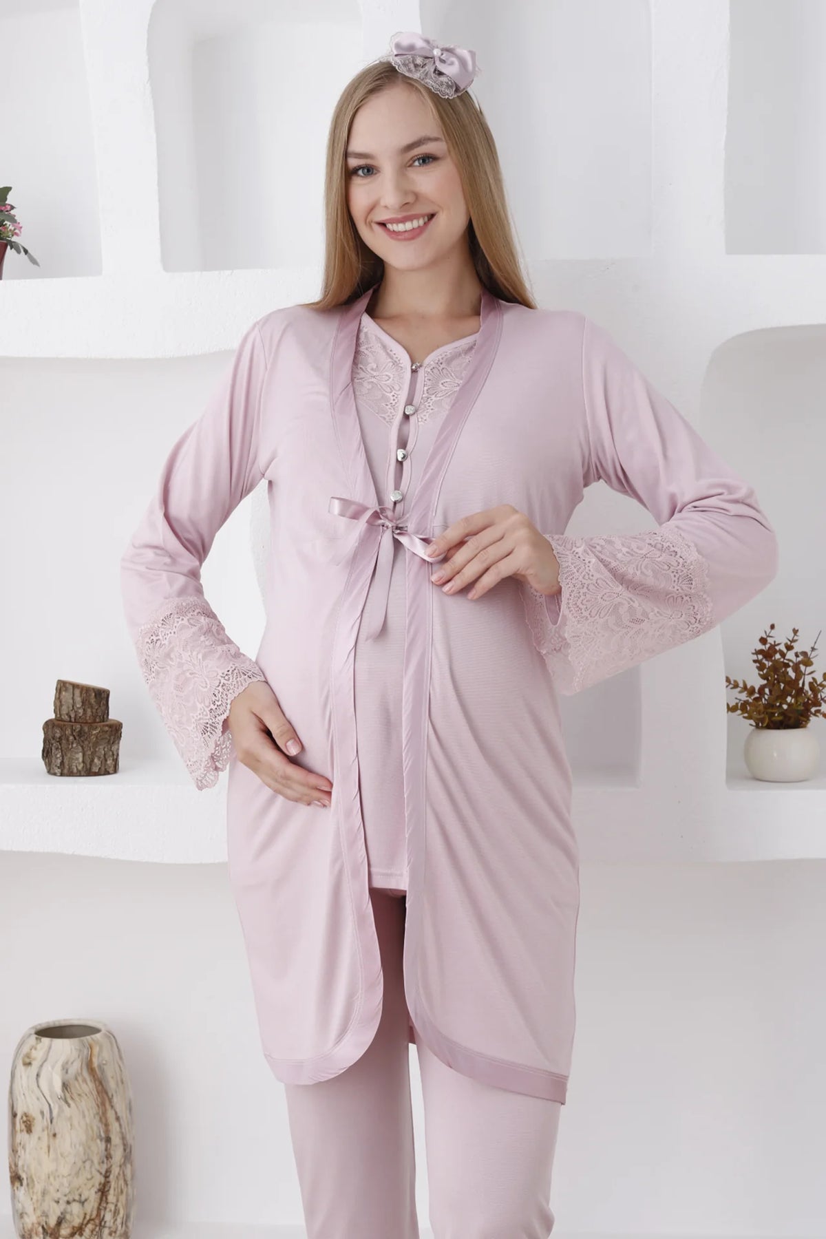 Pudra Emzirme Özellikli Dantel Kol Detaylı Sabahlıklı Lohusa Pijama Takımı-3426