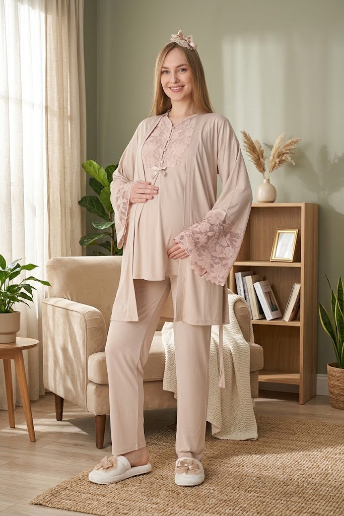Vizon Truvakar Kollu Dantel Detaylı Emzirme Özellikli Sabahlıklı Lohusa Pijama Takımı-3468