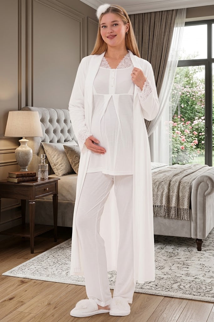 Ekru Uzun Kollu Dantel Yaka Kol Detaylı Emzirme Özellikli Sabahlıklı Lohusa Pijama Takımı-6330